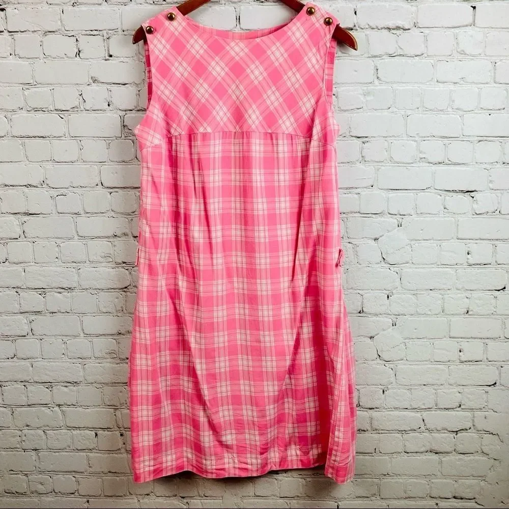 Vintage Pink Plaid Midi Dress Crew neck Sleeveless contour empire waist - Picture 8 of 11